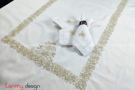 Rectangle baby mimosa flower with French jour embroidered table cloth (400x200cm) - include 14 napkins